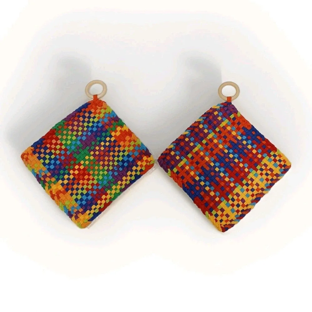 Handmade  Loop Loom Woven Pot‎ Holder Trivet Bright Multicolored Set Cottagecore